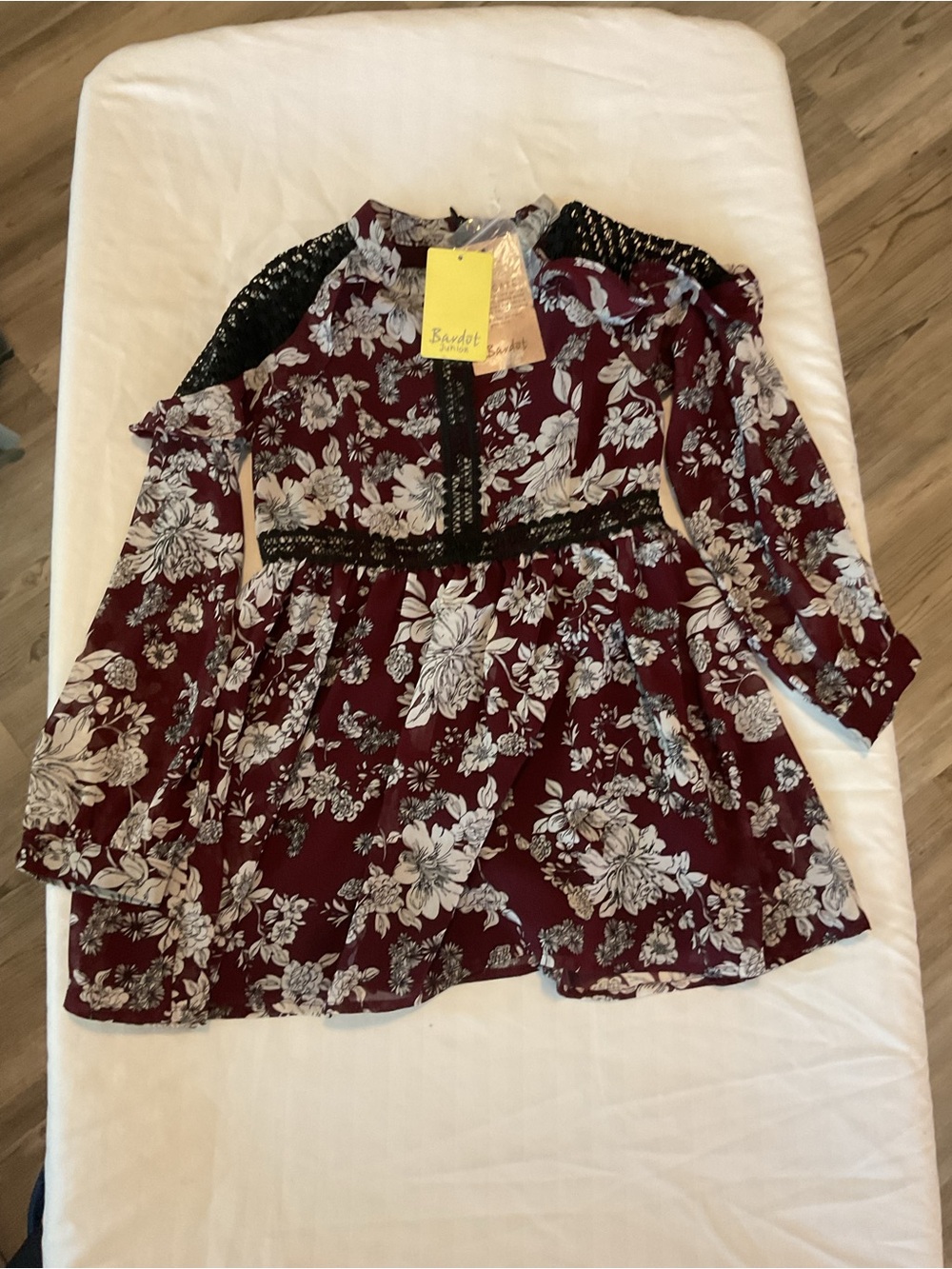 Bardot Burgundy Floral Dress with Black Lace Trim